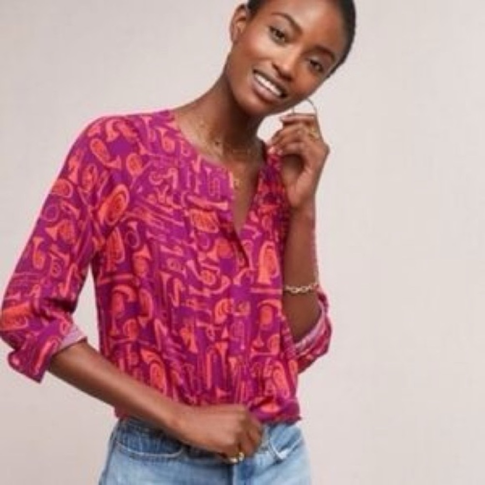 Anthropologie Conversations Vibrant Brass Instruments Blouse Size 2